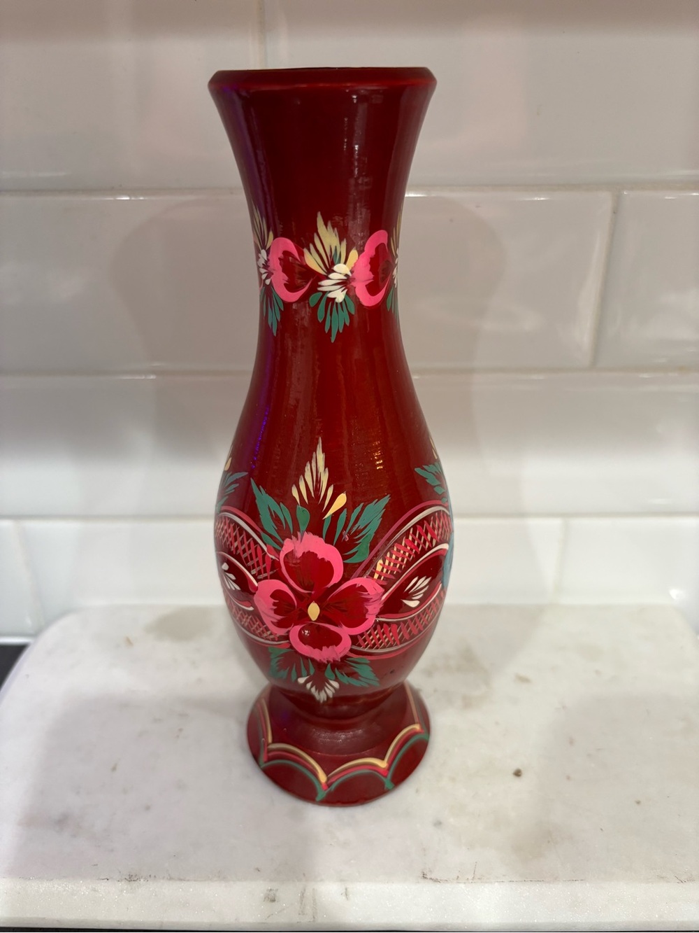 Hand-Painted Red Floral Decorative Vase - Brand Unmarked